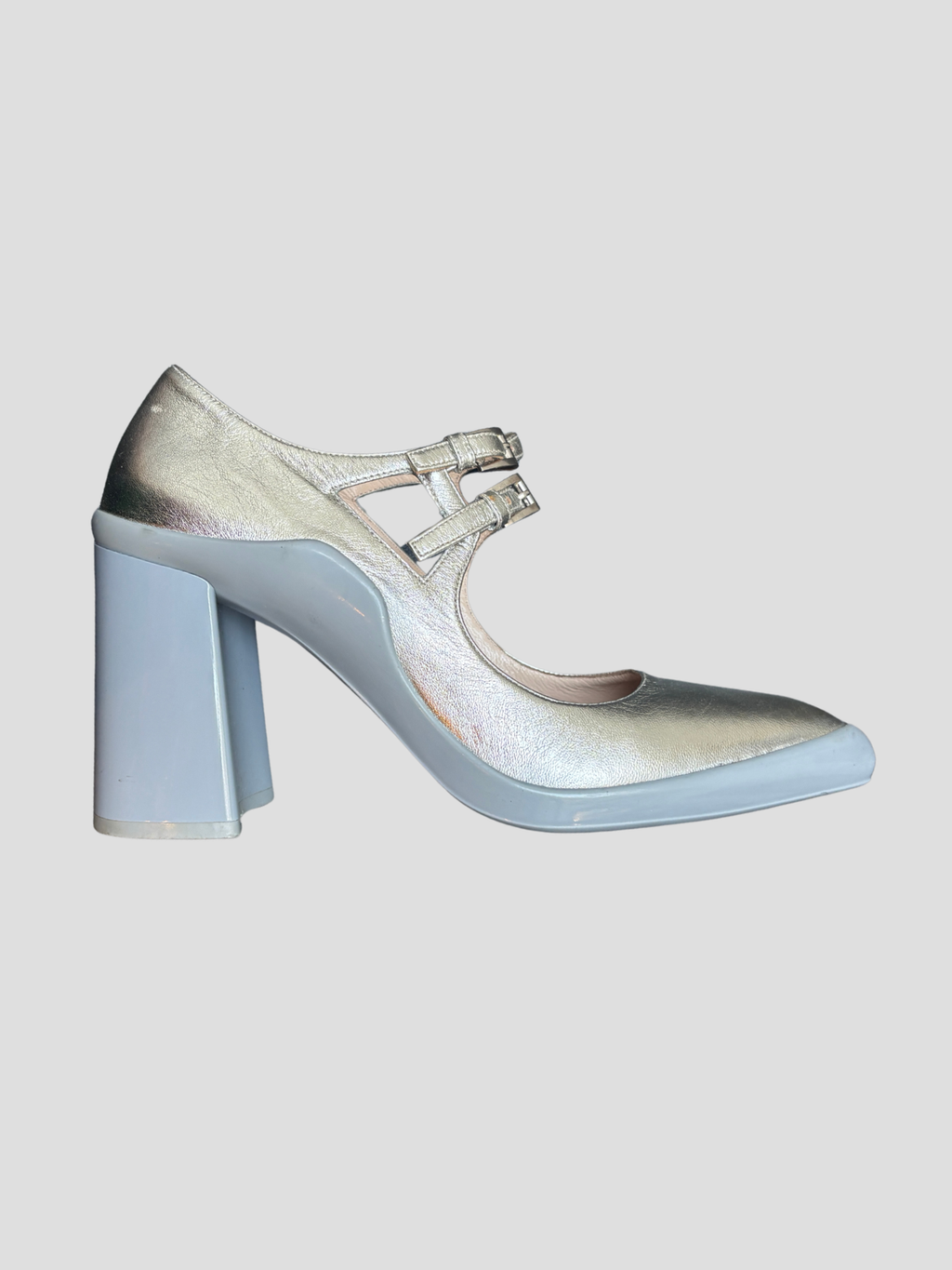 Prada — Mary Jane Block Heel Silver Runway Pumps AW2015, Size 38,5