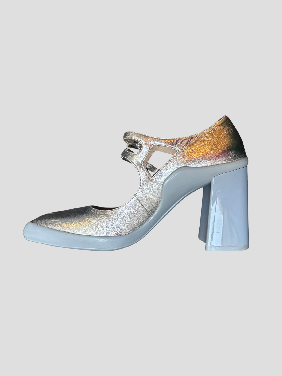 Prada — Mary Jane Block Heel Silver Runway Pumps AW2015, Size 38,5