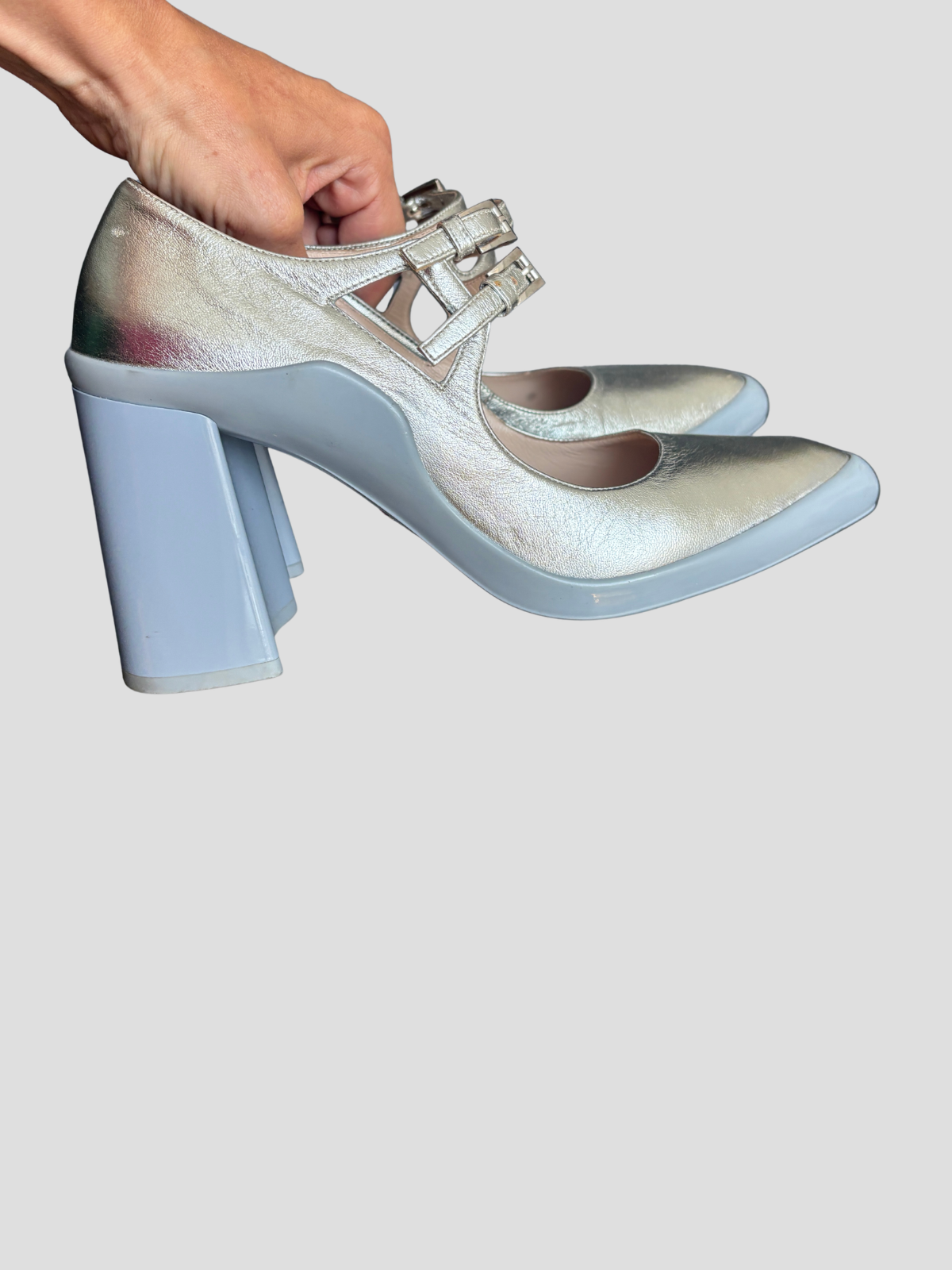 Prada — Mary Jane Block Heel Silver Runway Pumps AW2015, Size 38,5