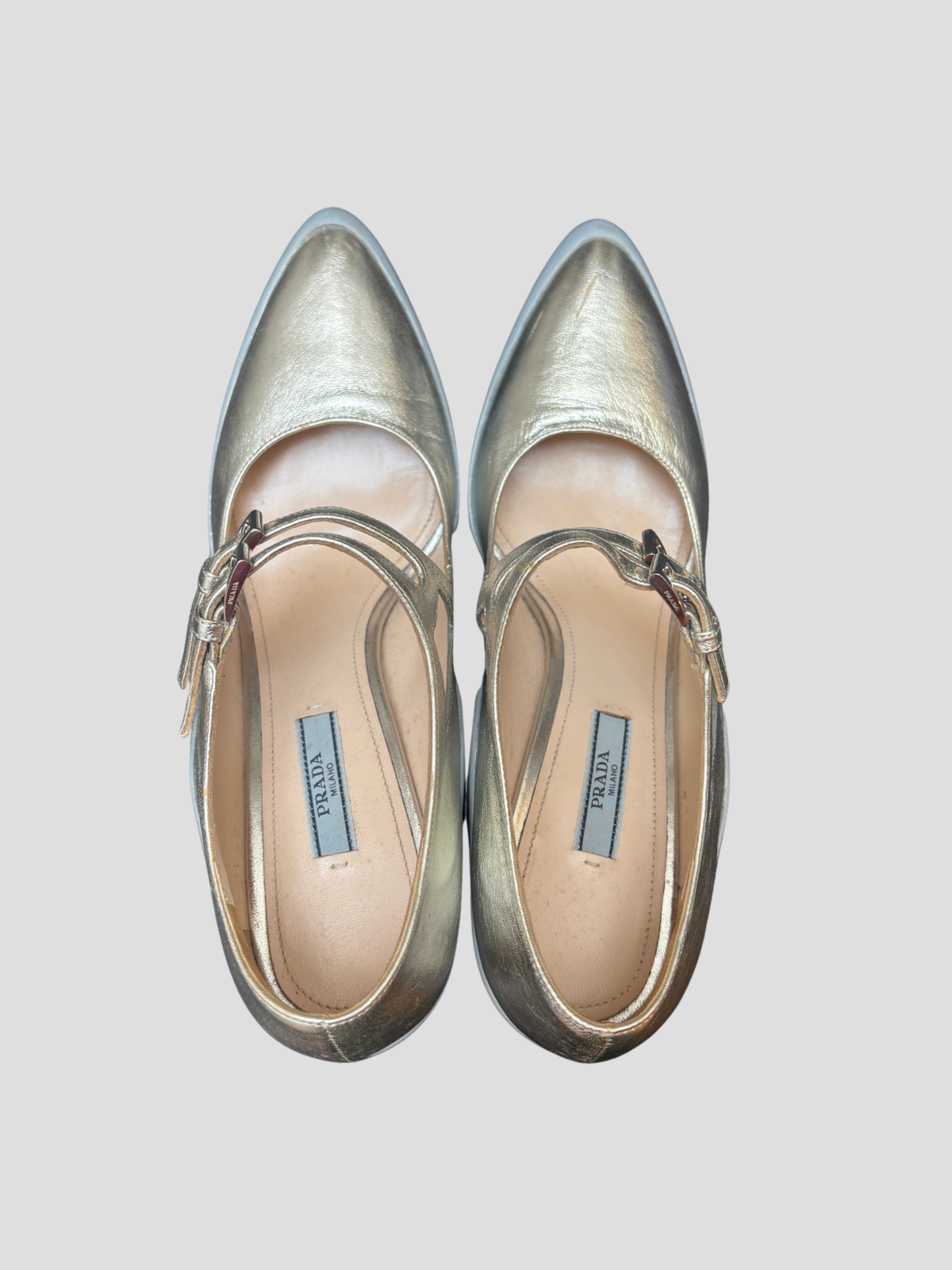 Prada — Mary Jane Block Heel Silver Runway Pumps AW2015, Size 38,5